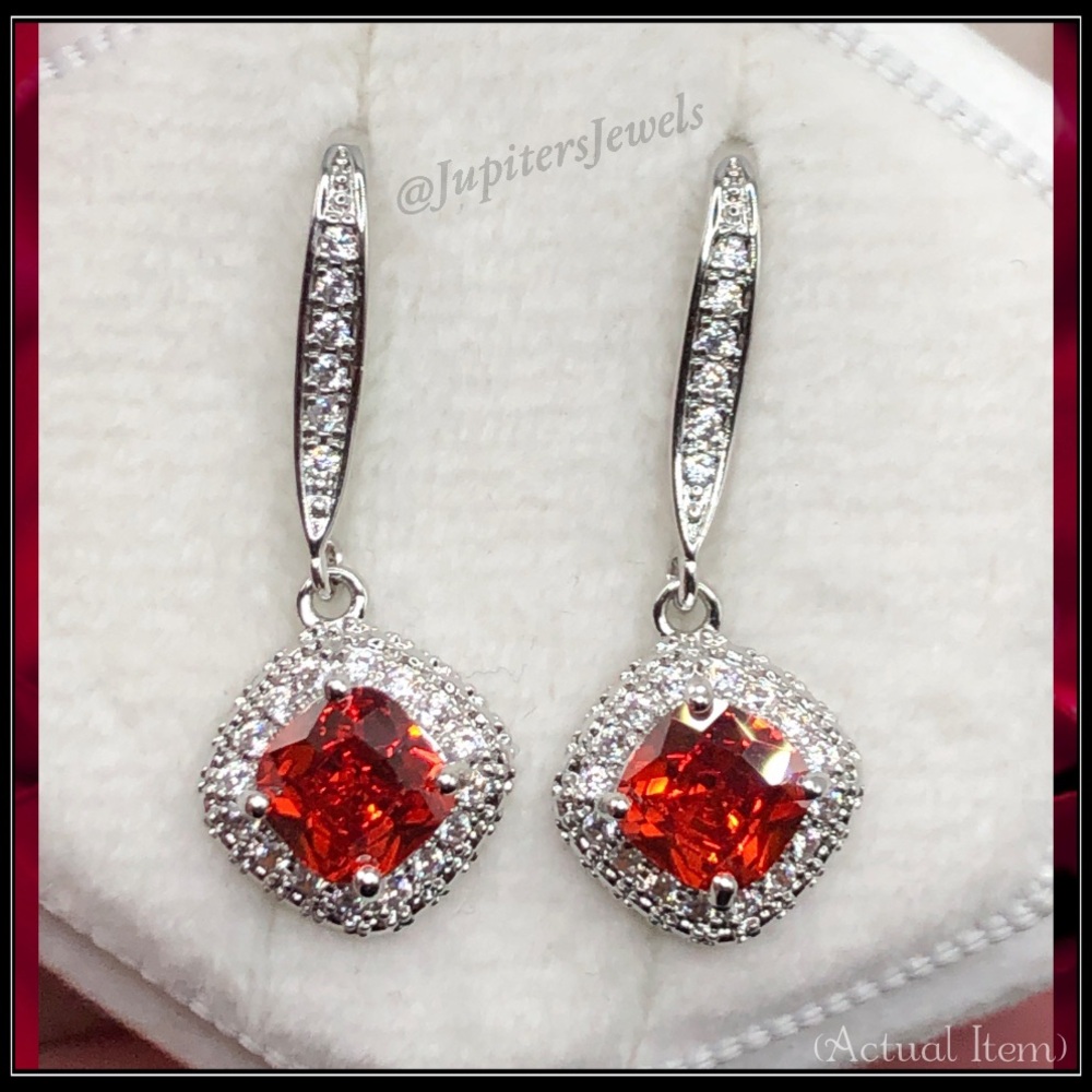 NEW AUTUMN FIRE WHITE GOLD CUSHION HALO PAVE EARRINGS